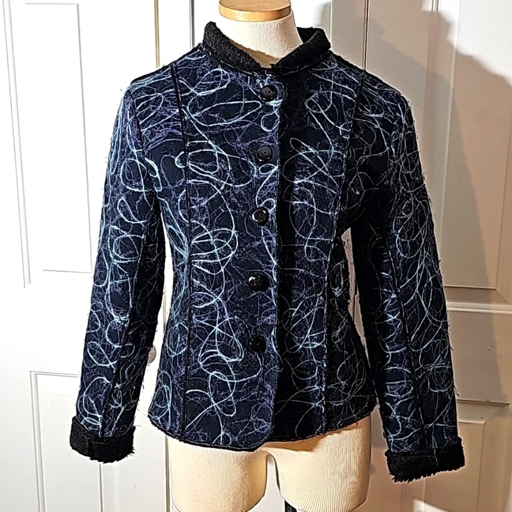 WEAVZ jacket, size small. Black with blue and lavender design. 60% wool